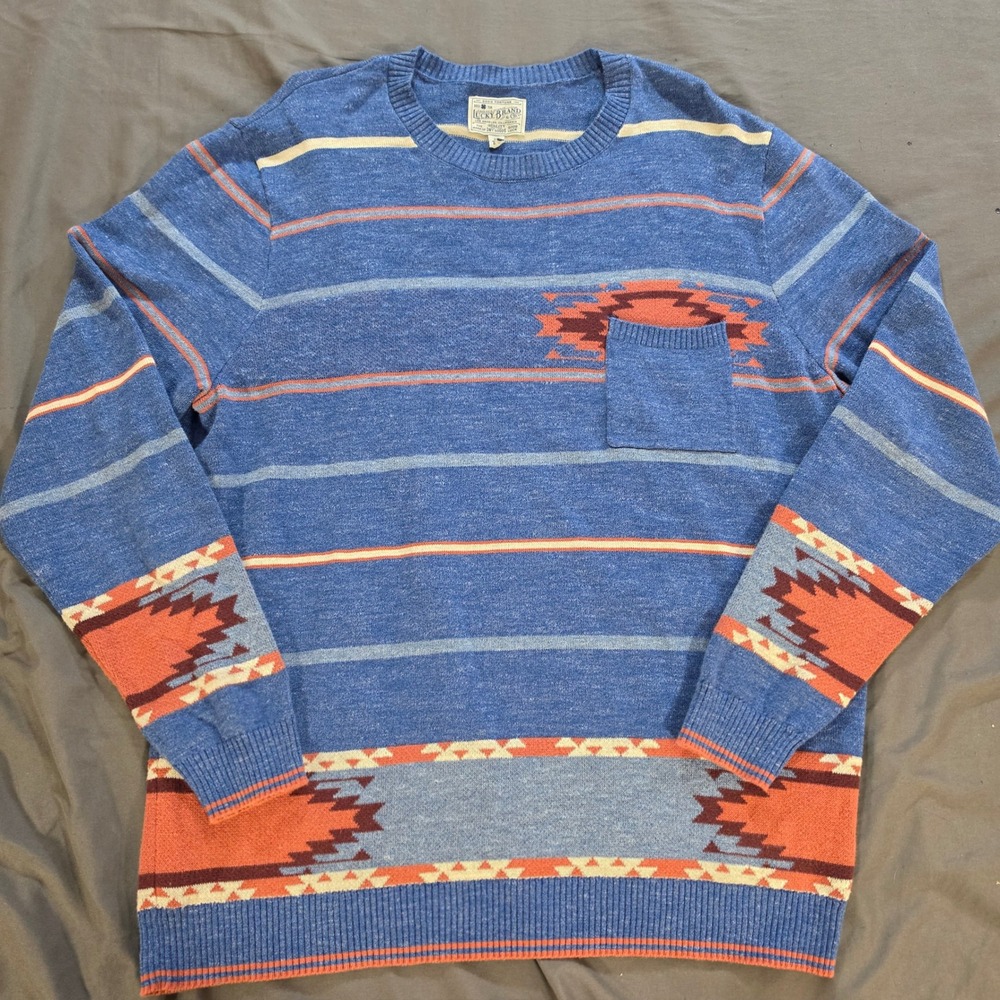 Lucky Brand Mens XL Southwestern Striped Crewneck Sweater Blue Orange Pocket